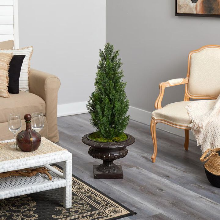 Hivvago 3.5 Feet Mini Cedar Artificial Pine Tree in Iron Colored Urn UV Resistant (Indoor/Outdoor)