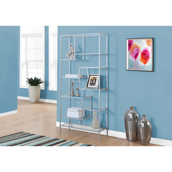 Monarch Specialties I 7158 Bookshelf, Bookcase, Etagere, 72"H, Office, Bedroom, Metal, Tempered Glass, Grey, Clear, Contemporary, Modern