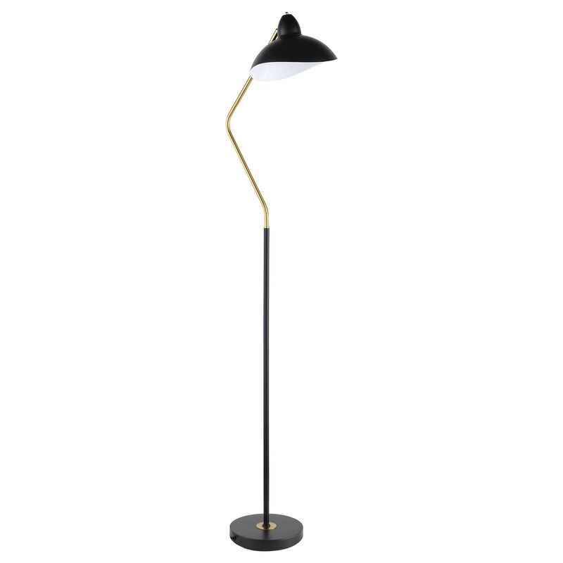 69 Inch Floor Lamp, V Curved Arm, Wavy Edges, Black Metal, Gold, White  - Benzara