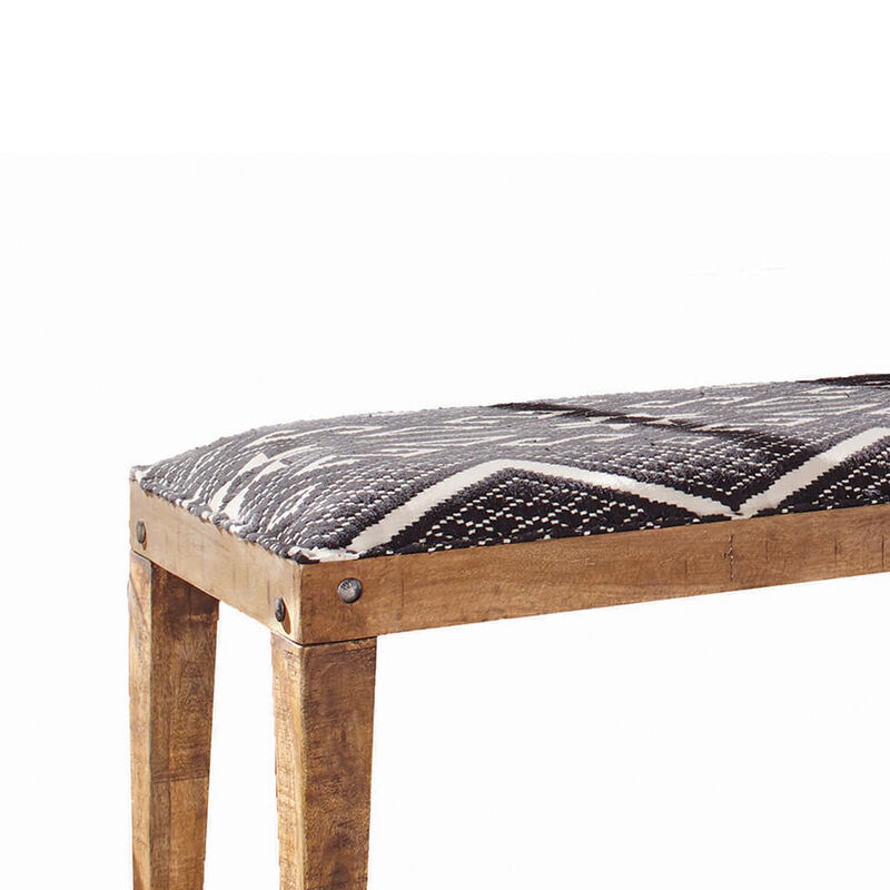 Fabric Upholstered Wooden Bench with Tapered Legs, Brown and Blue-Benzara