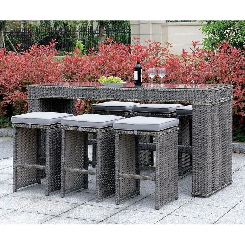 6 Piece Patio Bar Stool In Aluminum Wicker Frame And Padded Fabric Seat, Gray