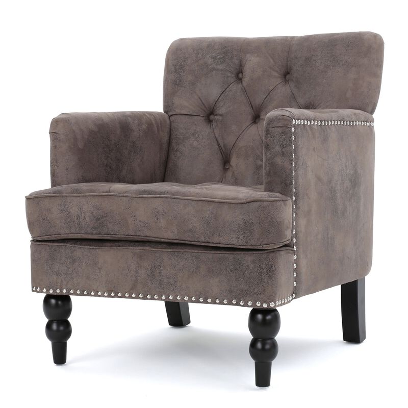 Lit Accent Chair with Gray Fabric Microfiber, Button Tufted Design - Benzara