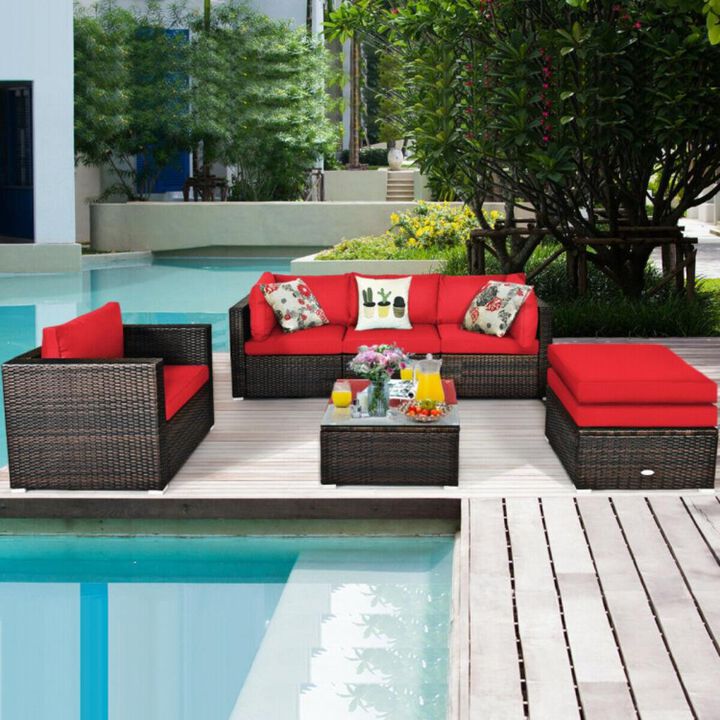Hivvago 6 Pieces Patio Rattan Furniture Set with Sectional Cushion