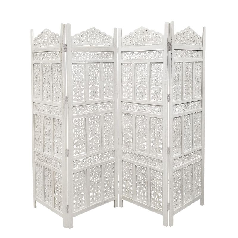 Aesthetically Carved 4 Panel Wooden Partition Screen/Room Divider, Distressed White-Benzara