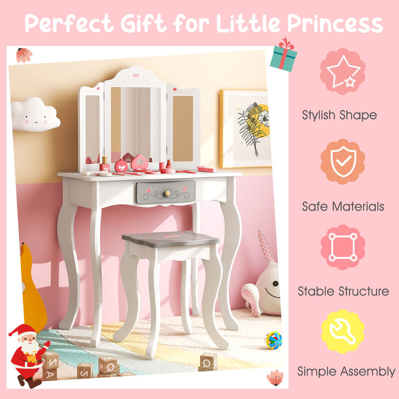 Kids Vanity Set with Tri-Folding Mirror – Girls' Makeup Table with Storage and Chair