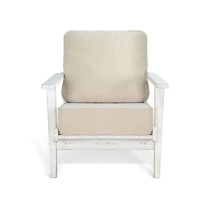 Rena Accent Lounge Chair, Beige Seat, Classic Sand White Solid Wood - Benzara