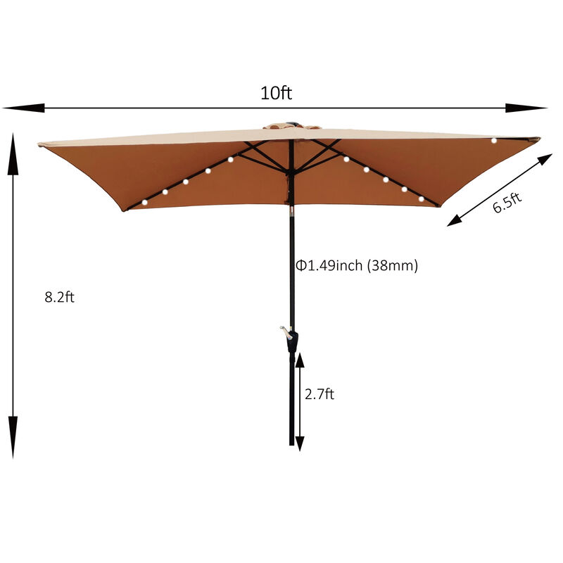 10 X 6.5FT Rectangular Patio Solar LED Lighted Outdoor Umbrellas With Crank And Push Button