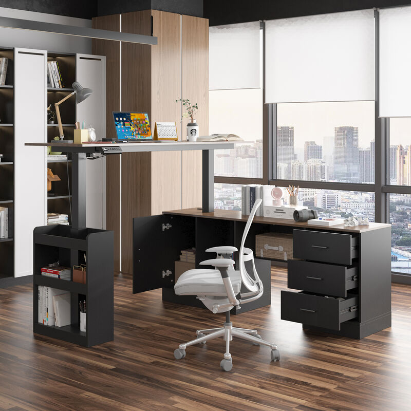 FUFU&GAGA L-Shaped Height Adjustable Office Desk - Perfect Blend of Functionality and Style, (63"Wx63"Dx45.3"H), Black and Brown