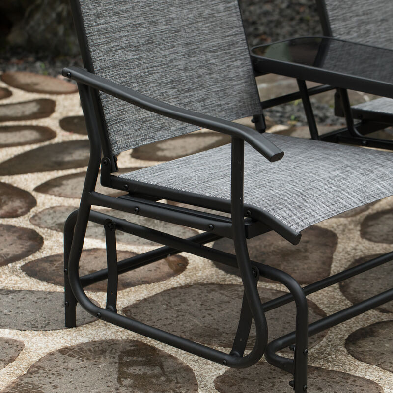 Two Person Outdoor Double Swing Glider Chair Set with Center Tempered Glass Table, Loveseat Lawn Rocker Bench