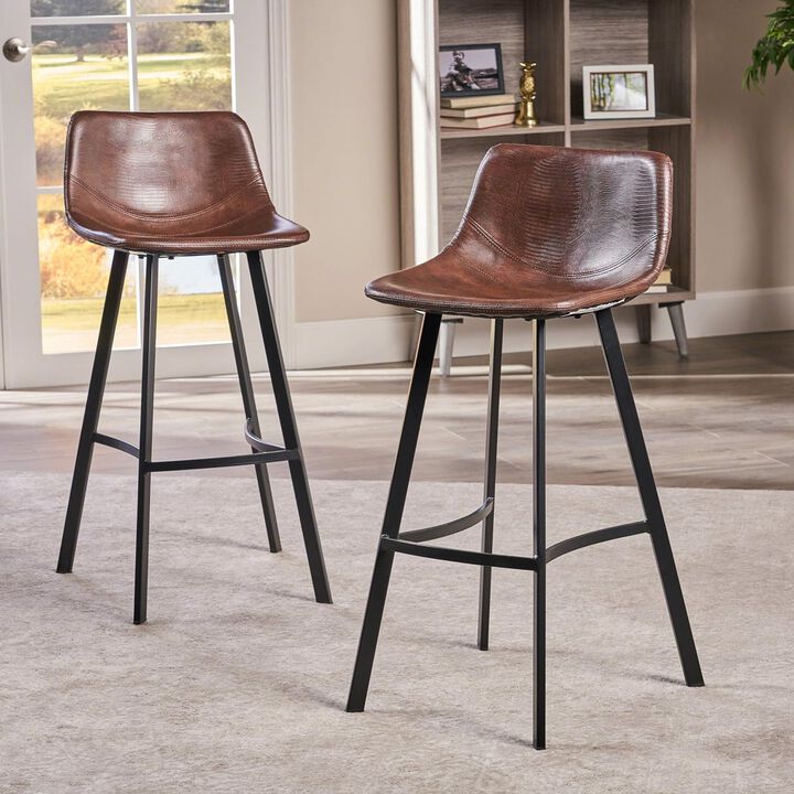 Modern Faux Snakeskin Barstool Set with Curved Seating and Matte Black Legs