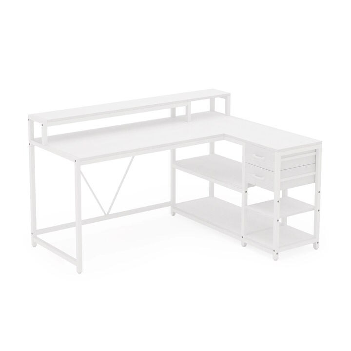 Executive Desk, L Shaped Top, Portable File Cabinet, 55 Inch White - Benzara