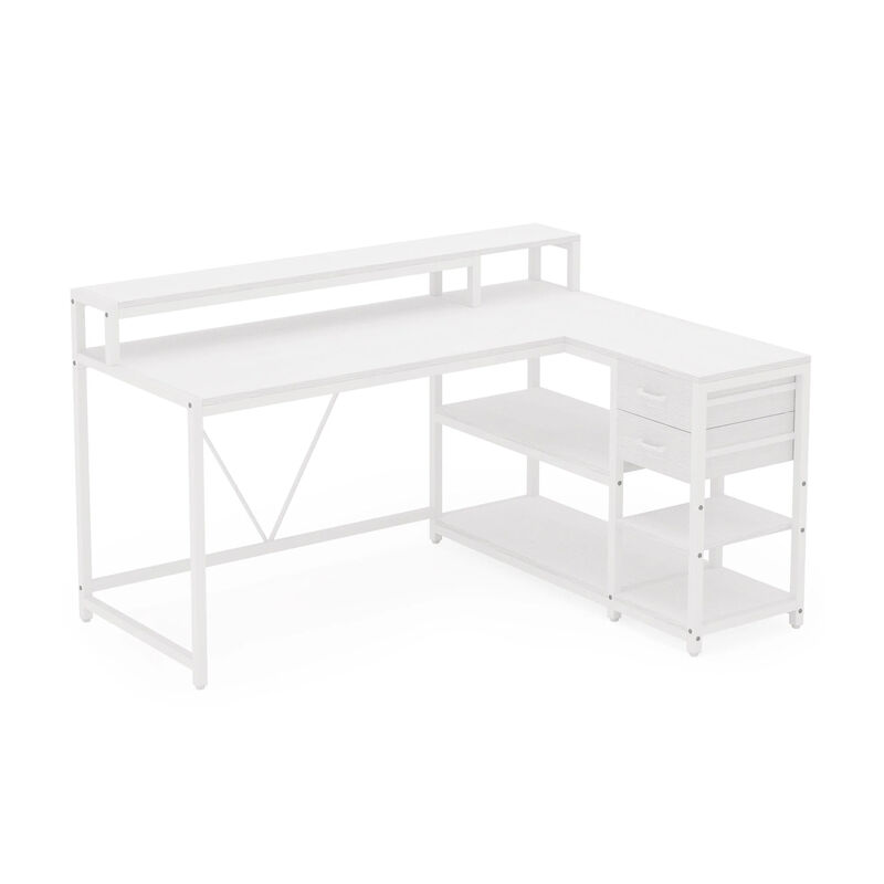Executive Desk, L Shaped Top, Portable File Cabinet, 55 Inch White - Benzara