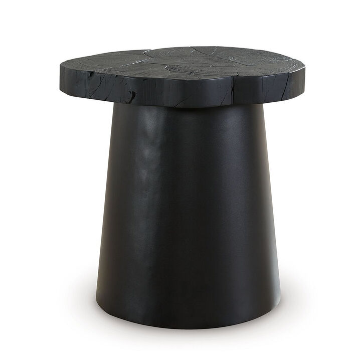 Wim Side End Table, Live Edge Black Acacia Wood, Metal, Round 23 Inch - Benzara