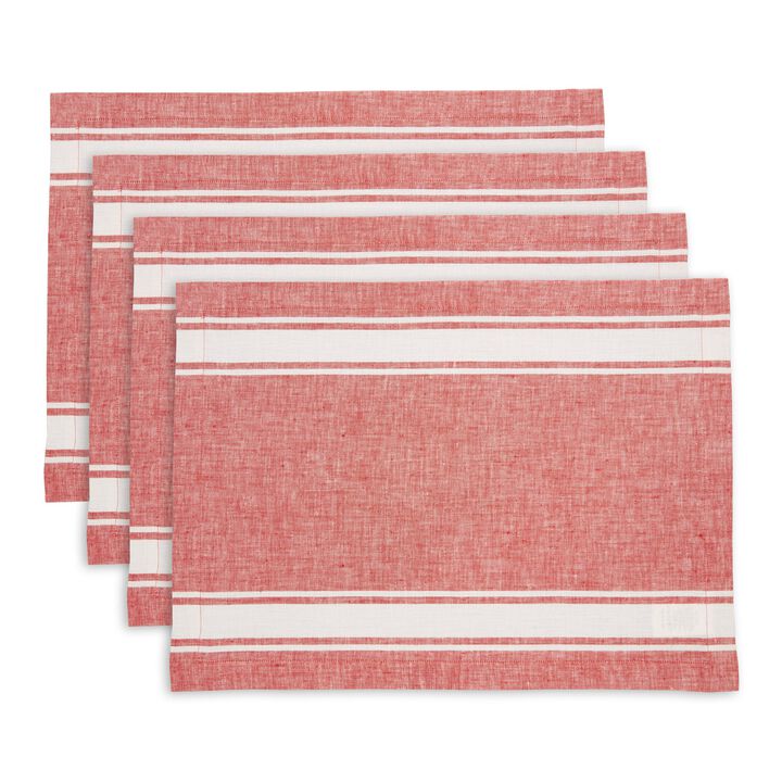 Solino Home 100% Pure Linen Stripe Placemats 14 x 19 Inch Set of 4 | Farmhouse Stripe