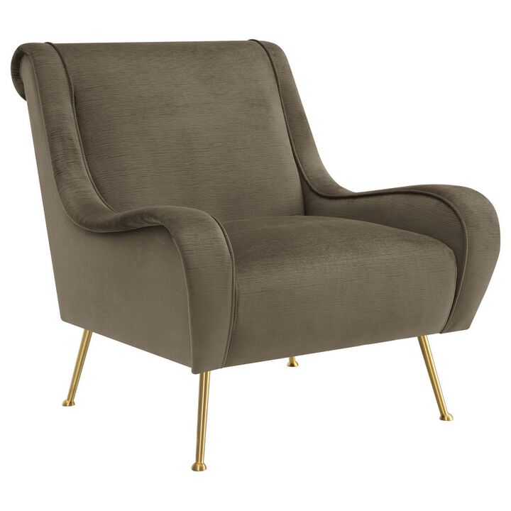 Rik 31 Inch Accent Armchair, Metal Legs, Velvet, Truffle Brown and Gold - Benzara