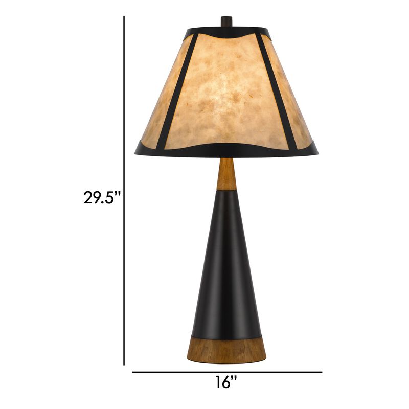 30 Inch 3 Way Table Lamp, Beige Mica Shade, Rubberwood and Black Metal Body-Benzara