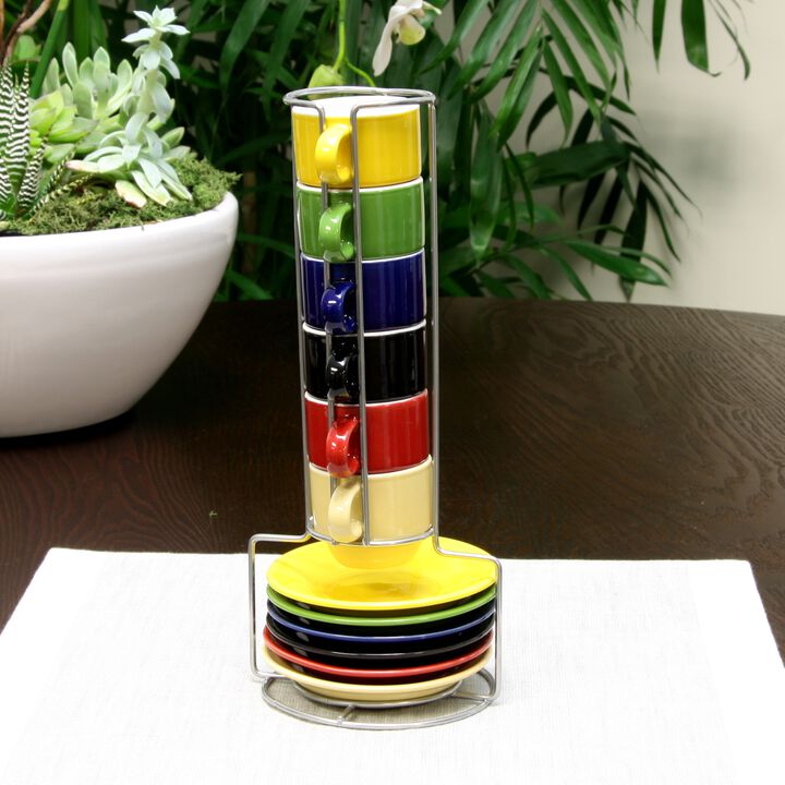 Gibson Sensations 13 Piece Stackable Non-Toxic Ceramic Small Espresso Cup Set with Saucers and Metal Wire Rack in Assorted Colors