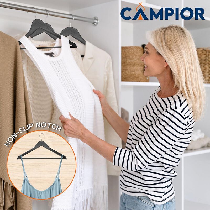 Campior Wooden Clothes Hangers - 30 Pack, Durable, Non-Slip, Space-Saving Hangers for Dresses, Coats, and More, Holds Up to 10 lbs with 360° Swivel Hook, Black Finish