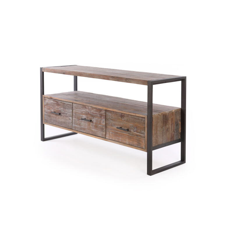 60 Inch Reclaimed Wood Media TV Console Table With 3 Drawer, Open Shelf