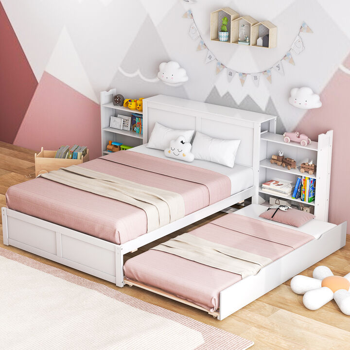 Kids Wooden Platform Bed with Trundle Storage Headboard