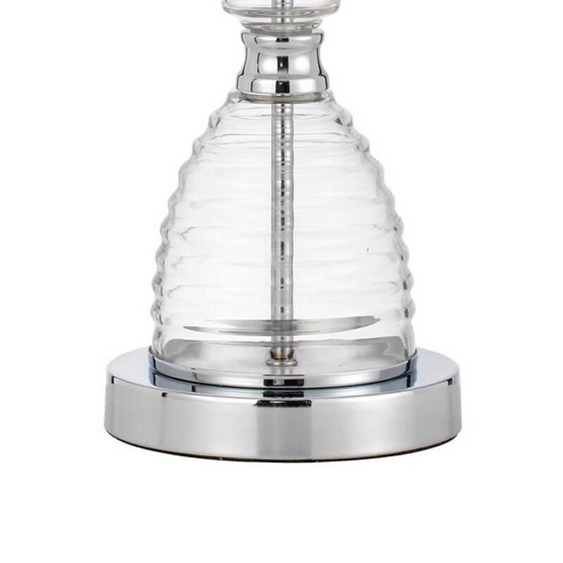 23 Inch Hourglass Ribbed Glass Base Table Lamp, Dimmer, Clear-Benzara