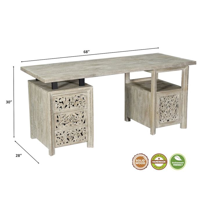 Taran Designs Calista 3-drawer 1-door Floral Carved Solid Wood Desk