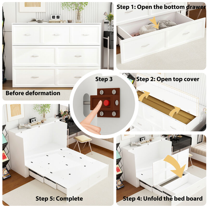 White Wood Frame Full Size Bed Murphy Bed Chest Cabinet With 2-Large Drawers, USB Charging Station and Wheels
