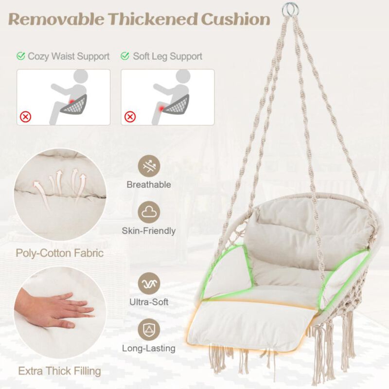 Hivvago Hammock Chair with Thick Cushion & Macrame Holds up to 330 LBS-Beige
