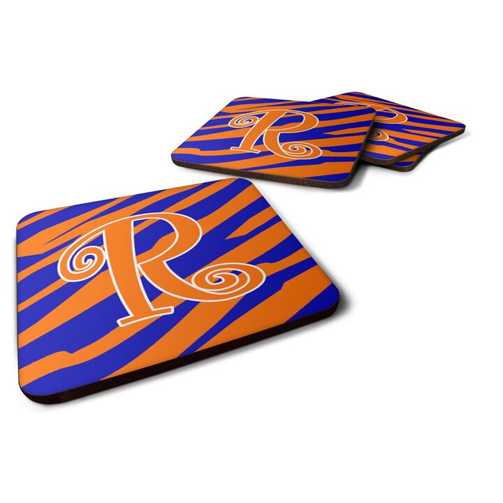 Caroline's Treasures CJ1036-RFC Monogram-Tiger Stripe Blue and Orange Foam Coasters (Set of 4), Initial Letter R, 3.5 H x 3.5 W, Multicolor
