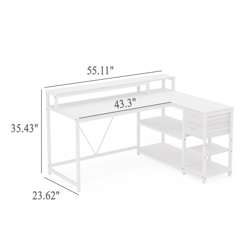 Executive Desk, L Shaped Top, Portable File Cabinet, 55 Inch White - Benzara