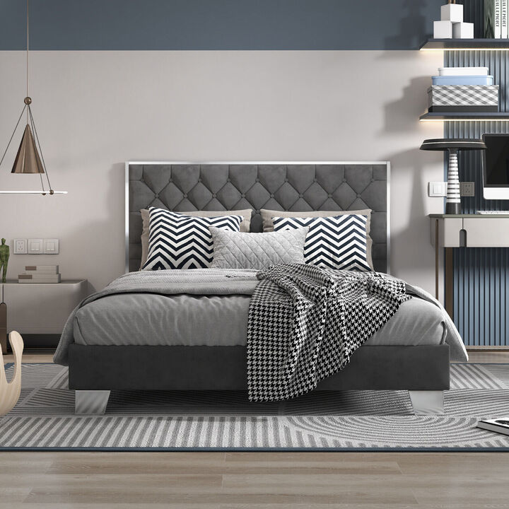 Upholstered Bed Frame with Velvet Headboard-Full Size