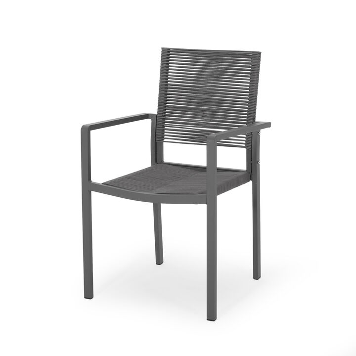 Teny Outdoor Dining Chair Set of 2, Open Back, Woven Rope, Dark Gray Metal - Benzara Teny Outdoor Dining Chair Set of 2, Open Back, Woven Rope, Dark Gray Metal - Benzara