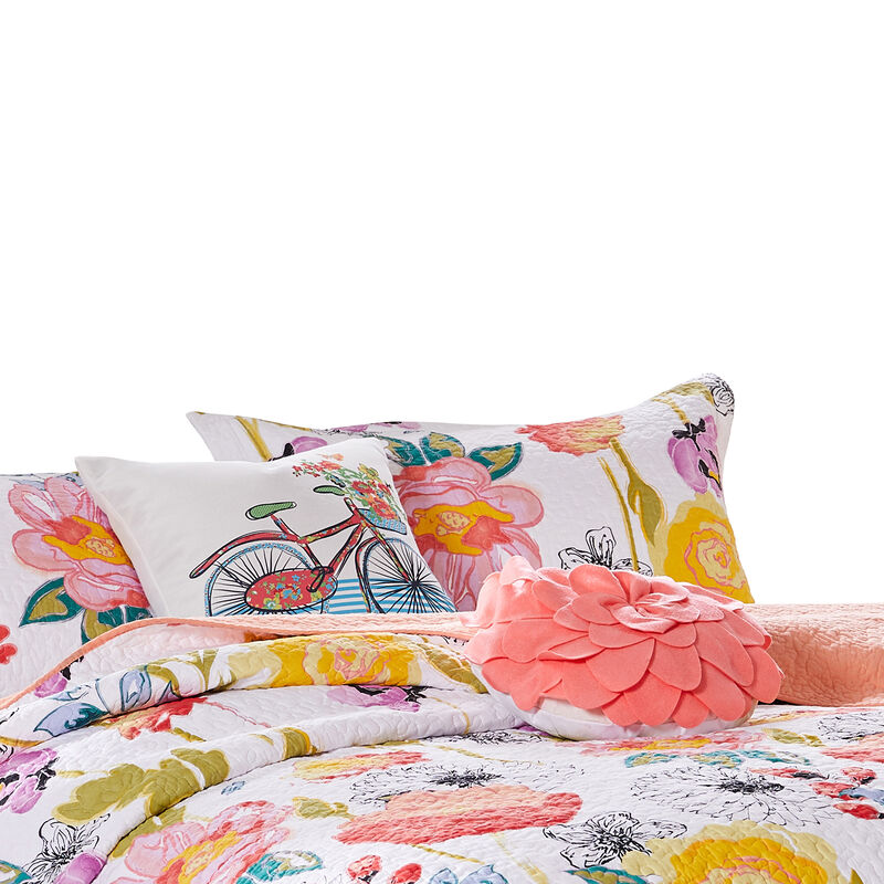 Mavi 4 Piece Reversible Twin Quilt Set, Spring Floral Print, Multicolor - Benzara
