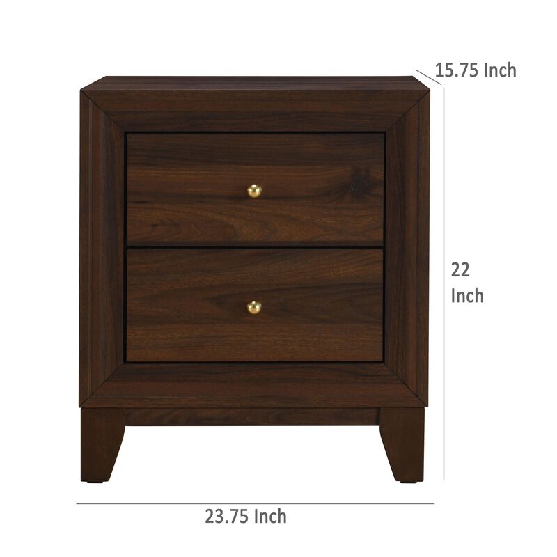 Yels Nightstand with 2 Drawers, Gold Metal Knobs, Walnut Brown  - Benzara
