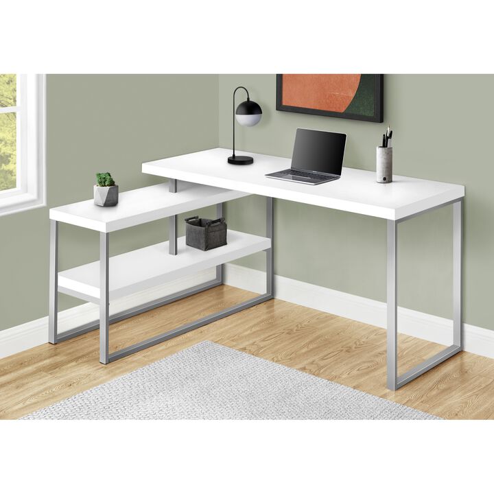 Computer Desk, Home Office, Corner, Left, Right Set-Up, Storage Shelves, 60"L, L Shape, Work, Laptop, Metal, Laminate, White, Grey, Contemporary, Modern