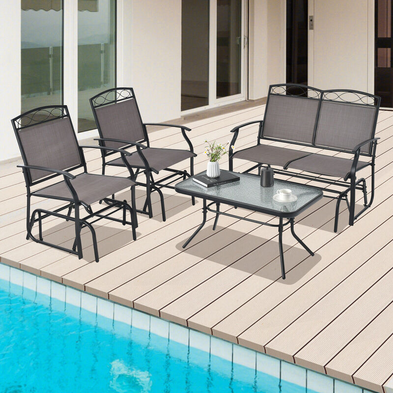 4 Piece Patio Glider Conversation Set with Tempered Glass Table Top