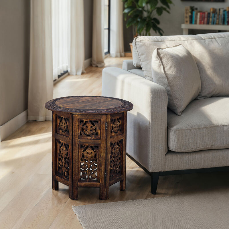 18 Inch Mango Wood Folding Accent Table, Hand Carved, Walnut Brown-Benzara