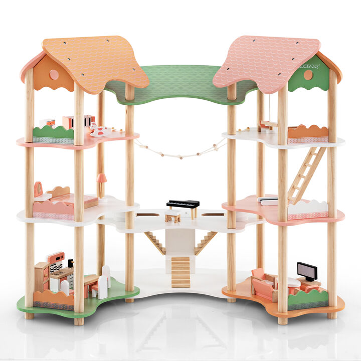 3-Tier Wooden Dollhouse for Kids Aged 3-8 Years Old with 32 Pieces of Accessories-Multicolor 3-Tier Wooden Dollhouse for Kids Aged 3-8 Years Old with 32 Pieces of Accessories-Multicolor