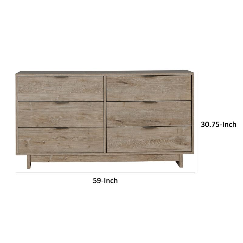 Fervor 59 Inch Dresser, 6 Drawers, Brown Wood Frame, Brushed Nickel Handles-Benzara