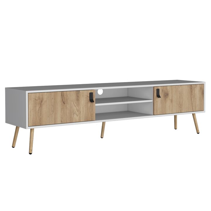 DEPOT E-SHOP Toka TV Rack with 2 Hinged Doors and�Central Shelves, White/Macadamia