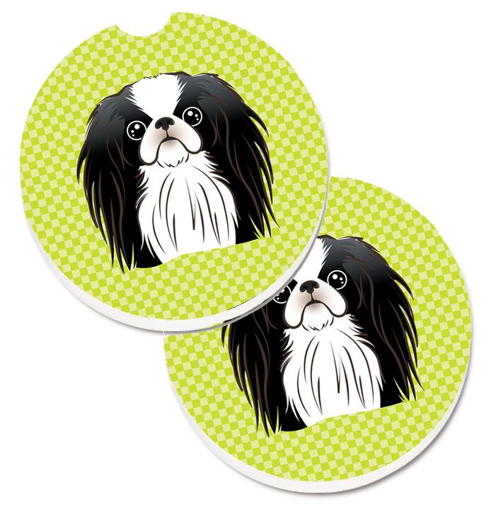Caroline's Treasures Checkerboard Lime green Japanese Chin Set of 2 Cup Holder Car Coasters BB1292CARC, 2.56, Multicolor