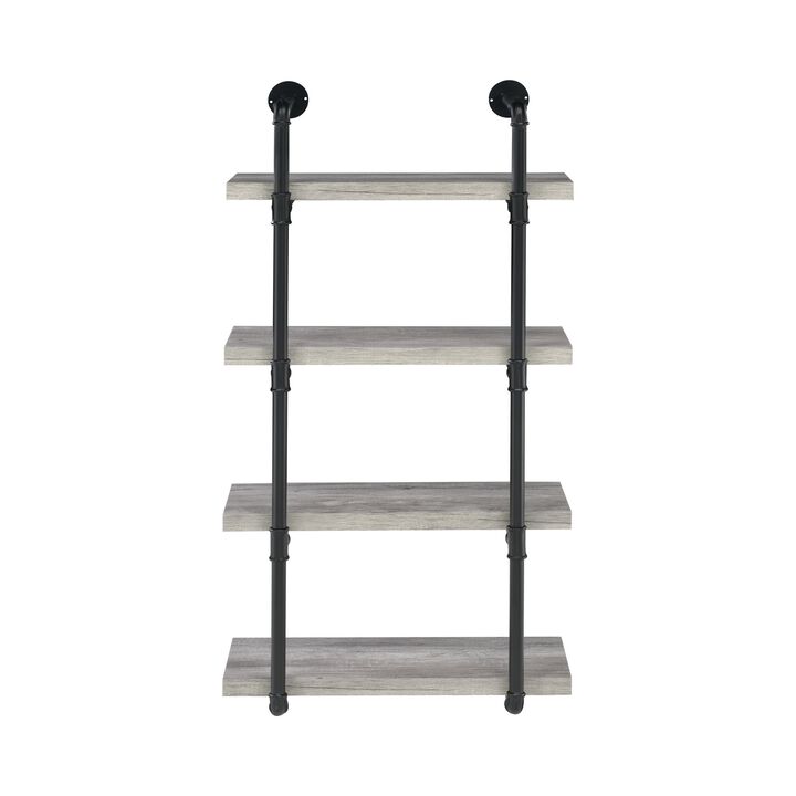 24 Inches 4 Tier Wood and Metal Wall Shelf, Gray and Black-Benzara