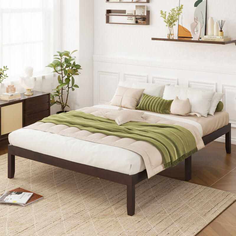 Wood Bed Frame with Wooden Slats Support and Rubber Wood Legs