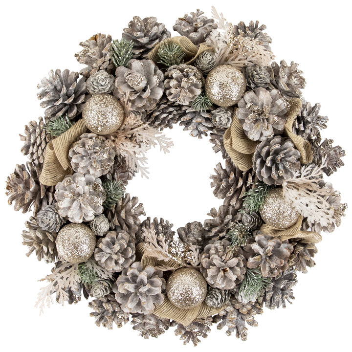 Green Pine and Burlap Bows Artificial Glitter Christmas Wreath  13.75-Inch  Unlit