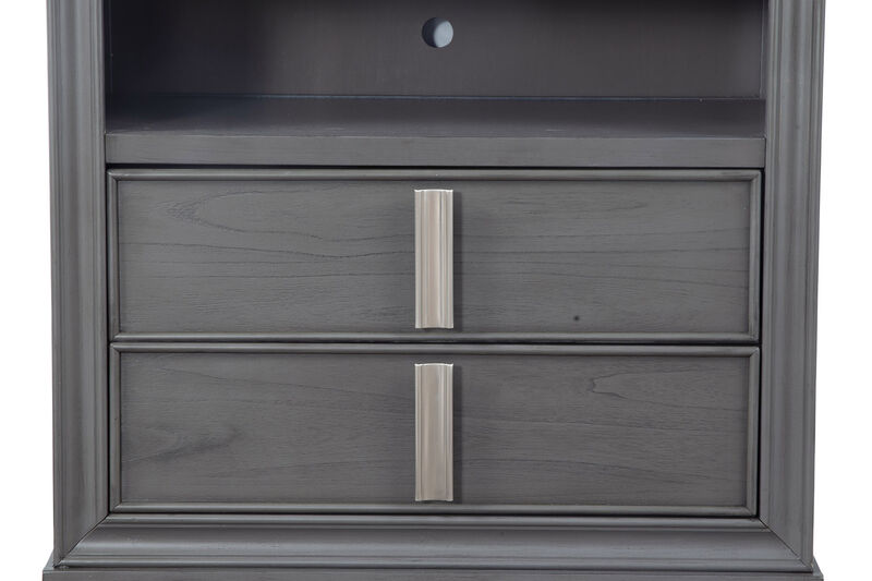 Transitional Style Wooden Media Chest With Two Drawers and One Open Shelf, Gray-Benzara