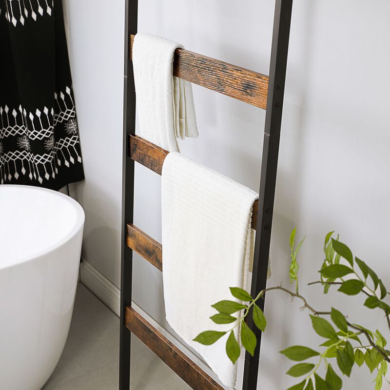 Rustic Brown and Black Blanket Ladder Shelf - Wall-Leaning Steel Frame Towel Rack with Storage Shelf