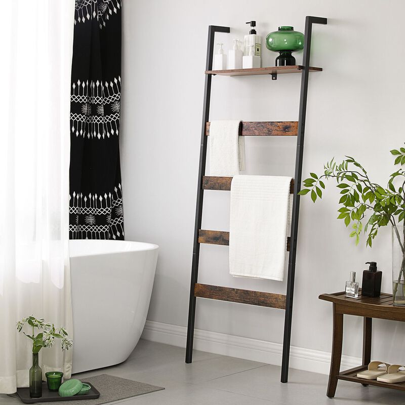 Rustic Brown and Black Blanket Ladder Shelf - Wall-Leaning Steel Frame Towel Rack with Storage Shelf