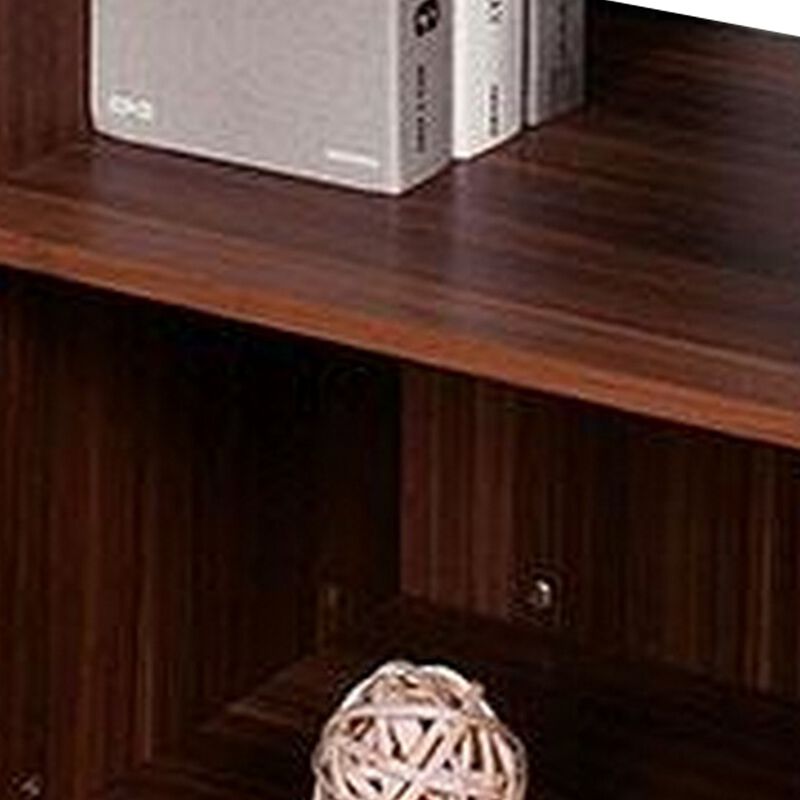 Bere 47 Inch Sofa Table with Black Glass Top, Open Shelves, Brown Wood - Benzara