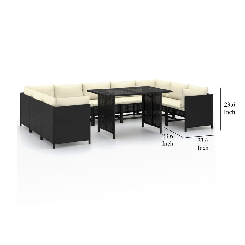 10pc Outdoor Sofa Set, White Cushions, 9 Modular Chairs, Table, Black - Benzara