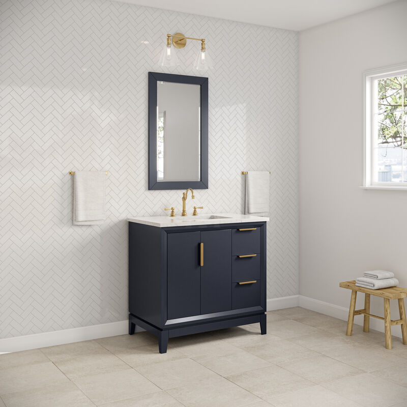 Elizabeth 36 In. Single Sink Carrara White Marble Countertop Bath Vanity In Monarch Blue with Satin Gold Hardware